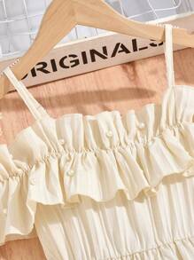 SHEIN Tween Girls' Casual Woven Ruffle Off Shoulder Adjustable Simple Dress, Spring/Summer - Apricot - View 5