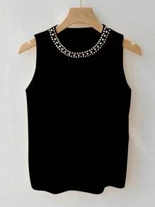 SHEIN Privé Women's Casual Knit Faux Pearl Beaded Round Neck Tank Top - Black - View 3