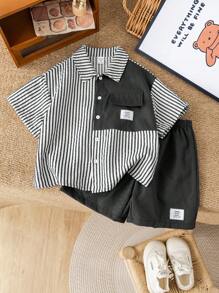 SHEIN 2 件套年轻男孩舒适日常休闲宽松韩版时尚条纹衬衫和短裤套装，适合春夏季日常穿着、运动、郊游、学校、派对、节日、拍照、返校 - 黑色 - 查看 4