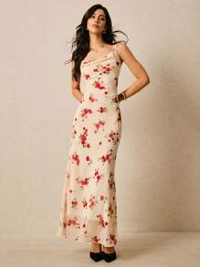 女士优雅满花印花超长吊带裙 - 粉色 - 查看 5