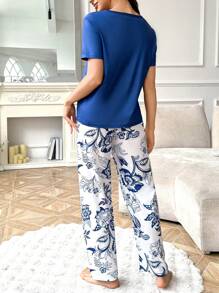 2 pièces Ensemble pyjama femme style chinois, haut à manches courtes et pantalon long imprimé bleu et blanc en porcelaine - Multicolore - Voir 2