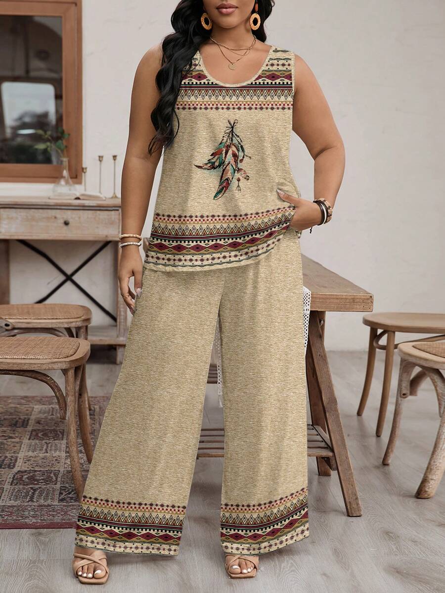 EMERY ROSE Bộ 2 chiếc/Bộ áo ba lỗ cổ tròn in hình lông vũ cỡ lớn cho nữ và quần short, phù hợp cho mùa hè - Màu be - Xem 1