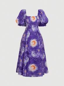 SHEIN MOD Vestido de tallas grandes con estampado de "La Noche Estrellada" de Van Gogh, manga abullonada vintage, serie de arte - Morado - Ver 1