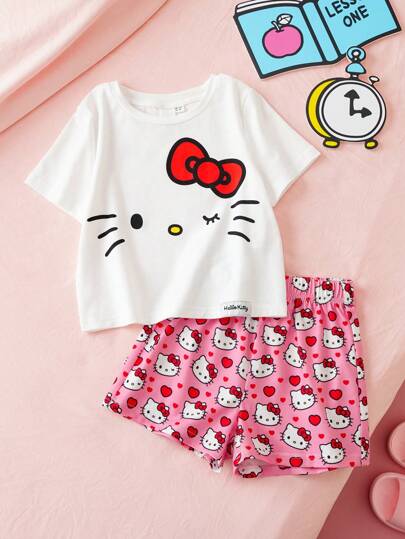 HELLO KITTY AND FRIENDS | SHEIN Young Girl Cartoon Cat Sweet Print Knitted Round Neck T-Shirt And Shorts Pajama Set, Spring/Summer