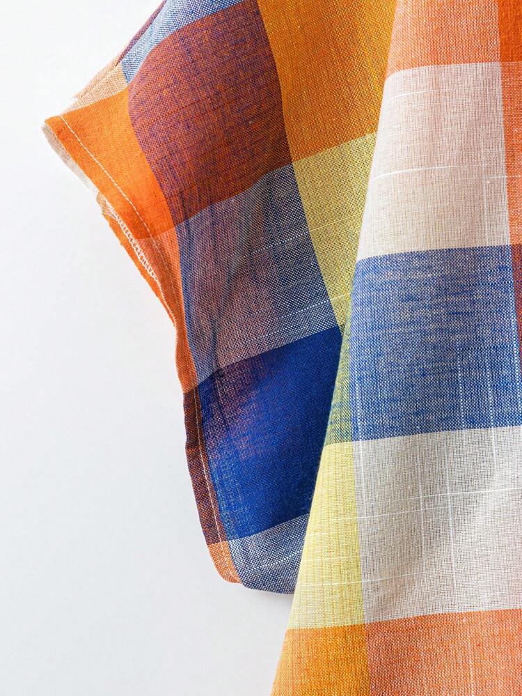 Notched V-Neck Country Casual Multi-Color Plaid Stitching Plus Size Button-Down Loose Fit Tunic Blouse Suitable For Summer Boho Women Clothing Loose  Loose Fit