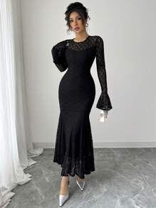 Modelyn French Retro Lace Patchwork Flare Sleeve Design Bodycon Fishtail Dress - Black - View 5