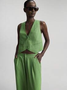 Ontre 2026 Women's 2-Piece Linen V-Neck Vest And Pants Suit,Green Summer Smart Casual Brunch,Business Office Wear,Old Money Style Urban Commuting Fashion - Green - View 5