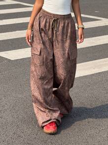 SHEIN EZwear Women's Branch Print Drawstring Waist Loose Fit Wide Leg Casual Pants - Multicolor - View 1