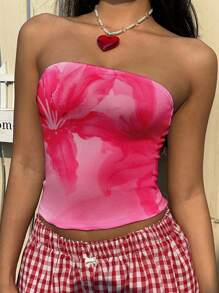 SHEIN EZwear Áo crop top họa tiết hoa màu hồng đơn giản dành cho nữ, phù hợp cho mùa hè - Nhiều màu - Xem 7