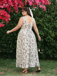 SHEIN MOD Plus Size Women's Romantic Black And White Floral Print Long Dress, Birthday Dress For Women, Casual Summer Dress, Flowing Women's Dress, Festive Style, Beach Dress Sundress, Bohemian Resort Wear,Milkmaid Dress - Multicolor - View 3