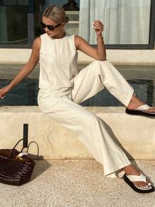 Livesso Women's Casual Summer Tank Top And Denim Pants 2 Pieces Set - Beige - View 3