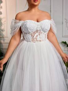 Glamrae Váy cưới chữ A hở vai thêu lưới màu trắng thanh lịch lãng mạn cỡ lớn, váy cưới, cô dâu - trắng - Xem 7