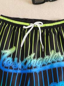 SHEIN Explorewe Tween Boy Letter Striped Drawstring Waist Beach Shorts, Graphic Print - Multicolor - View 5