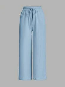 女式纯色系腰三件套（含纹理阔腿裤） - 淺藍色 - 查看 7