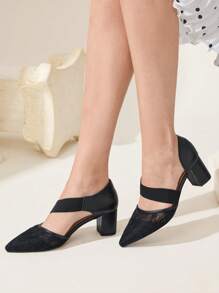 CUCCOO CHICEST Women's Summer New Lace Mesh Breathable Elastic Pointed Toe Chunky Heel Elegant Graceful Lace Wedding Black High Heels, Hollow Slip-On Formal Party Banquet Guest Dress Shoes - Black - View 7