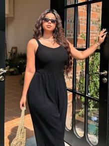 SHEIN EZwear 大码女式纯色阔腿休闲无袖连体裤，夏季 - 黑色 - 查看 6