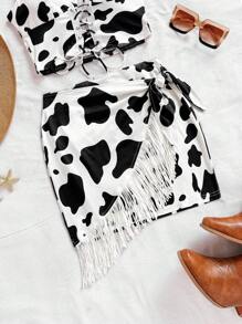 Soleia Fringe Tie-Up Mini Skirt With Cow Print, For Beach & Music Festival