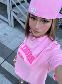 SHEIN Tween Girls 2pcs Casual Set With Letter Print Round Neck Short Sleeve T-Shirt And Shorts - Pink - View 2