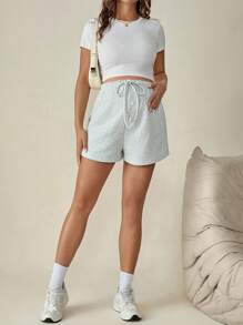 SHEIN Maternity Casual Drawstring Waist Shorts For Summer - Light Grey - View 3