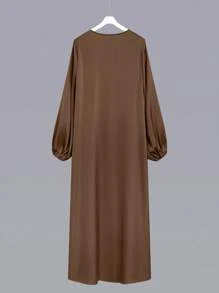 Al Najma 女士纯色灯笼袖阿拉伯风格外套，休闲长袍，适合日常休闲/家居服，朴素长袍 - 棕色 - 查看 2