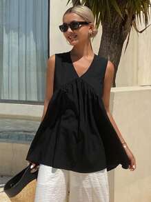 Livesso Solid Color V-Neck Sleeveless Loose Casual Summer Tank Top For Women Babydoll Top