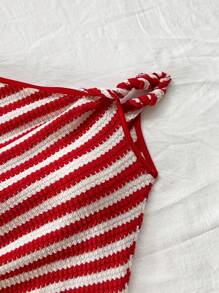 Soleia Đầm ôm bodycon ngắn tay kẻ sọc đỏ trắng bất đối xứng năng động dành cho nữ, thời trang thường ngày cho bãi biển, tiệc tùng - Đỏ và trắng - Xem 3