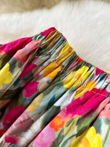 SHEIN VCAY Women's Oil Painting Floral Garden Print Elegant A-Line Skirt