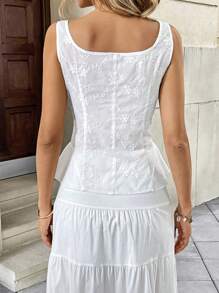 Pariaura 刺绣纯色蕾丝拼布方领系带背心