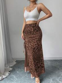 Rafferiza Women's Leopard Print Mesh Drawstring Slit Midi Skirt, Fashionable & Elegant Fall Cloth For Women - Khaki - View 6