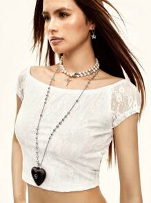 Rina Fox Women's Lace Raglan Sleeve Cropped Top And Bodycon Skirt 2pcs Set - White - View 3