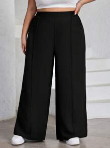 SHEIN CURVE+ Plus Size Women's Solid Color Pleated Pants, Black Loose Wide Leg Pants, Curve Plus, Boho Vacation