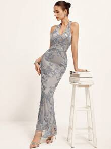 Aveloria Rosie Elegant Romantic Sexy Mesh Floral Deep V Backless Bodycon Mermaid Dress For Ladies All Over Print  For Summer - White - View 4