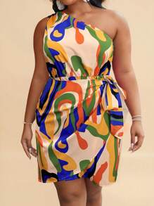 Travachic Plus Allover Print One Shoulder Knot Side Wrap Hem Summer Dress - Apricot - View 3