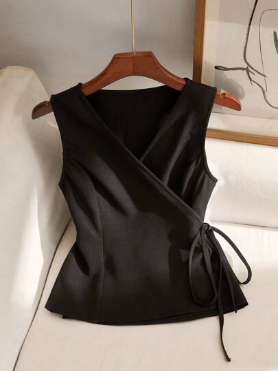 Firerie 女士黑色 V 领前系带腰背心式衬衫，适合通勤/优雅/商务/简约/教师节端庄、毕业、女士教师、返校