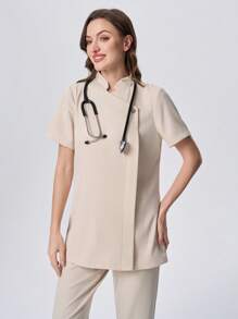 Scrubzie Solid Short Sleeve Scrubs Set (Top & Pants), Scrub Uniform - Apricot - View 5