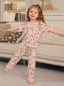 2pcs/Set Girls Floral Trimmed Short Sleeve Cardigan And Pants, Casual Comfortable Loose Fitting Pajama Sets For Toddlers, Summer