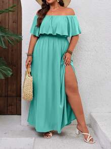 SHEIN VCAY Vestido con volantes sin hombros para vacaciones de talla grande - Azul menta - Ver 3