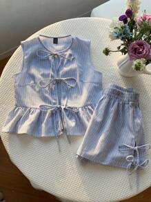Comfortcana 夏季女式蓝色条纹梭织无袖上衣，荷叶边下摆，前系带，配松紧腰短裤两件套 - 藍色 - 查看 6