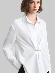 Ontre 女士纯色休闲时尚衬衫，适合日常穿着 - 白色 - 查看 7