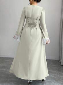 SHEIN Clasi Women's Blue & White Contrast Color Fringed Fitted A-Line Woven Dress - Mint Green - View 2