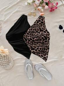 Soleia Set de 2 tops cortos con cuello asimétrico y bajo asimétrico con estampado de leopardo, adecuado para vacaciones/estilo de resort - Multicolor - Ver 3