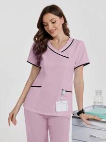SHEIN TaskFit 女士 V 领口袋短袖医疗手术服上衣 - 粉色 - 查看 7