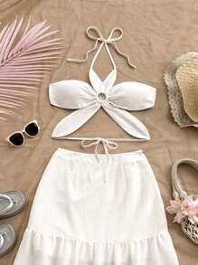 Soleia Women 2pcs Backless Halter Top And Skirt Set - White - View 5