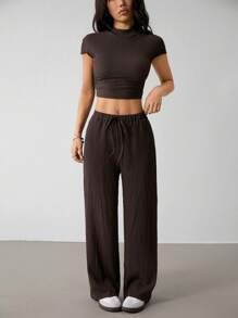 SHEIN PETITE 2 件套女士纯色短袖上衣和长裤套装，夏季时尚 - 棕色 - 查看 1