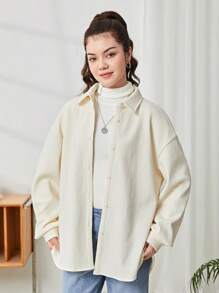 SHEIN Chaqueta casual de manga larga holgada con cuello, de tejido jacquard y forro de felpa para niña adolescente