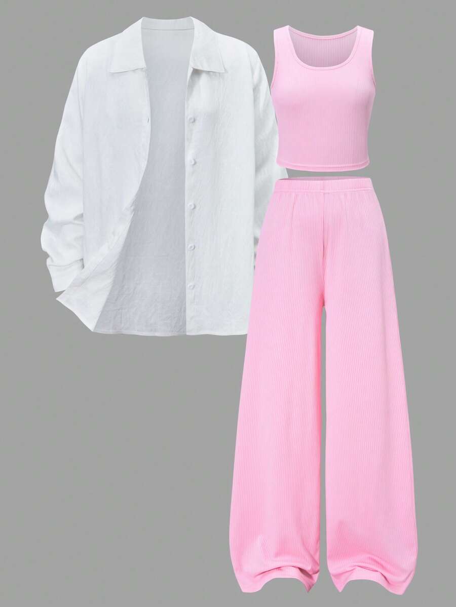 3pcs Tween Girls' Light Weight Long Sleeve Shirt With Camisole And Pants Set, Casual Comfortable Outfit For Spring/Summer - Pink - View 1