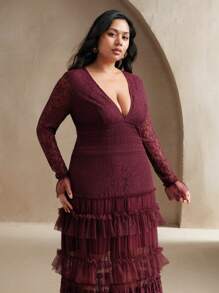 Anewsta 大码女式蕾丝长袖 A 字裙，优雅适合节日、度假、假日、休闲装、春夏季 - 酒紅色 - 查看 6