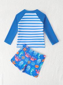 SHEIN 2pcs Baby Boy Cute Crab Graphic Raglan Sleeve Top And Striped Shorts Swimsuit Set, Suitable For Summer Beach, Pool, Swimming, Water Park, Surfing - Multicolor - View 2