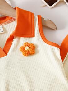 SHEIN 2pcs/Set Girls 3D Floral Knitted Color Blocking Polo Vest And Flared Pants, Summer Outfit