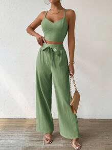 SHEIN ChicEase Women's Butterfly Detail Camisole Tank Top And Straight Leg Elastic Waist Pants 2 Pieces Vacation Set - Green - View 4